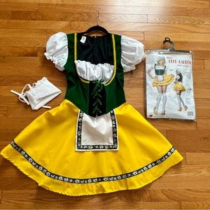 Adult Sexy Beer Garden Maid Costume Green & Yellow  Peasant Dress, Apron & Hat